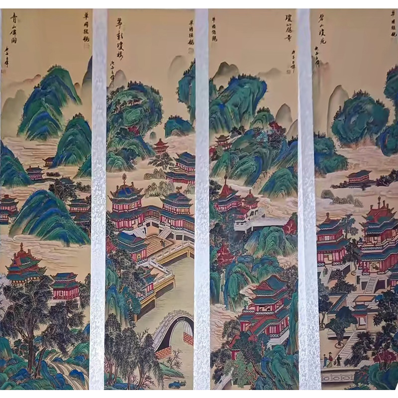 青绿山水楼阁四条屏AH0202