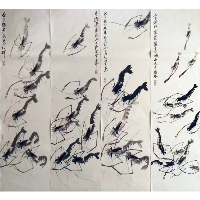 齐白石四条屏虾趣图AG0392