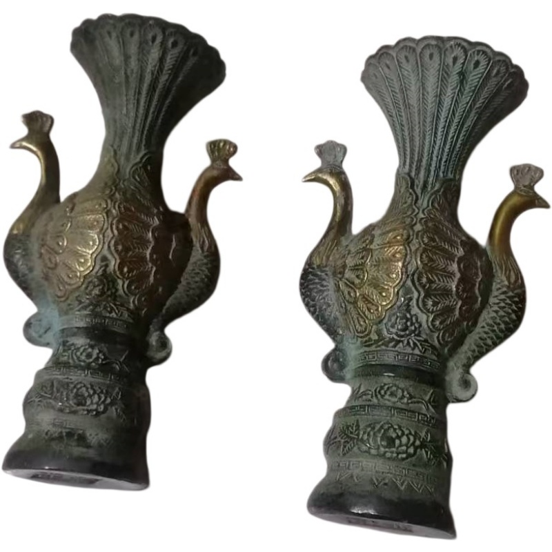 一对铜鎏金双耳孔雀瓶（青铜双孔雀赏瓶）AH0317