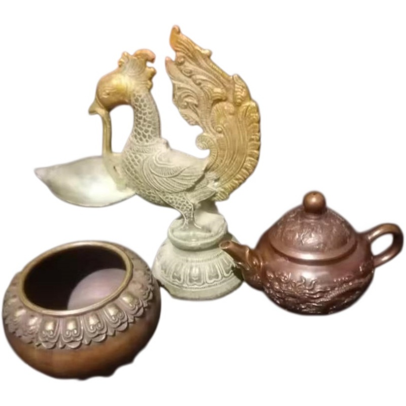 铜朱雀灯&bull;铜莲瓣纹水盂&bull;浮雕龙纹紫砂壶AH0319
