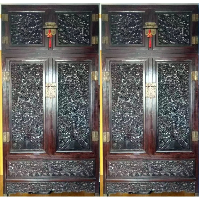 红木镶嵌雕龙纹一对柜子AH0363