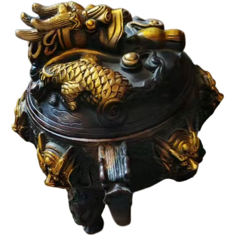 纯铜鎏金九龙熏香炉（龙纽三足香炉）AH0360
