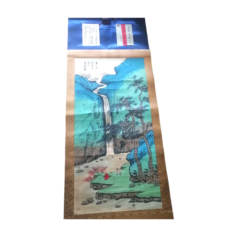 《青峰云天》青绿山水立轴（原装锦盒+题签）AC0480