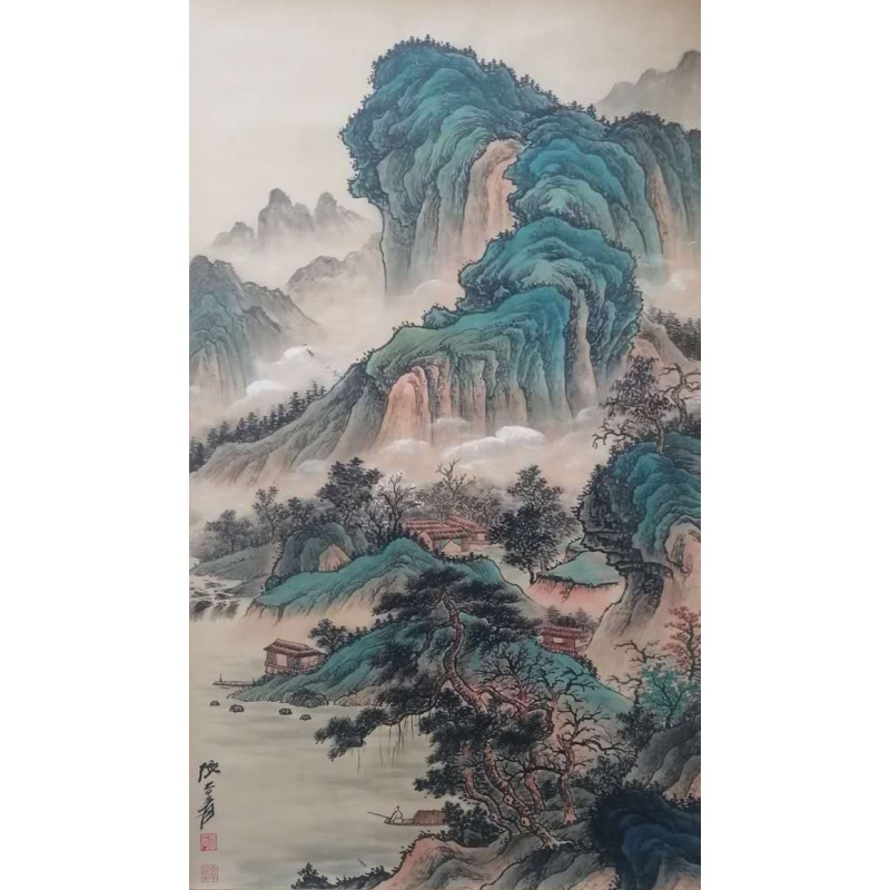 《青峰云天》青绿山水立轴（原装锦盒+题签）AC0482