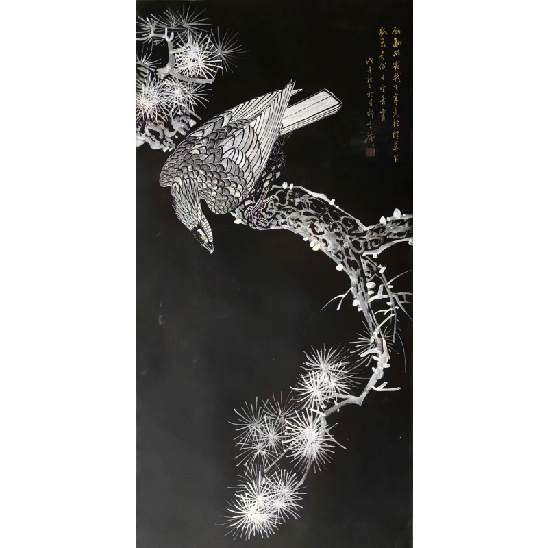 黑地白描松鹰图AB1944