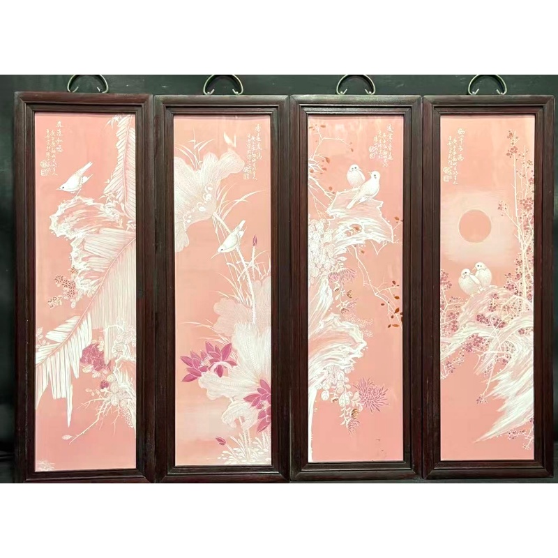 王步桃红堆白花鸟四条屏AC1518