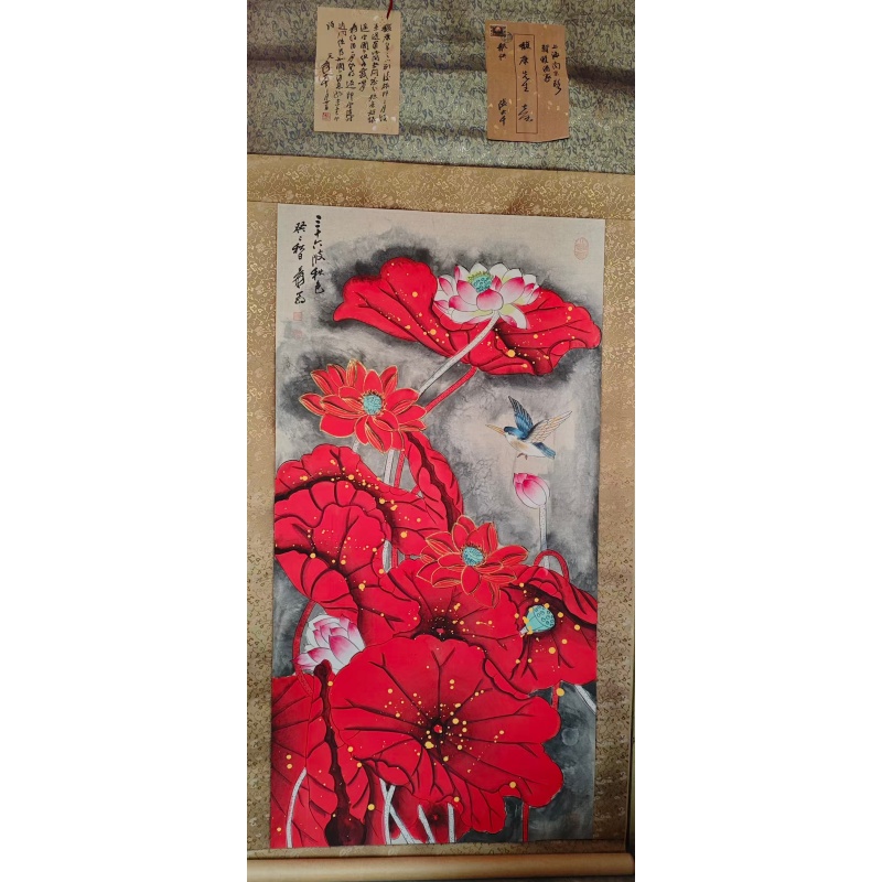金线红荷翠鸟图AC1567