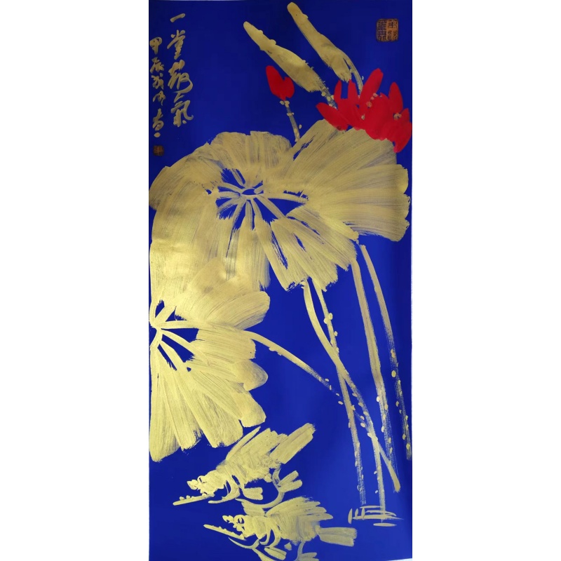 蓝底金墨荷花鱼AC1623