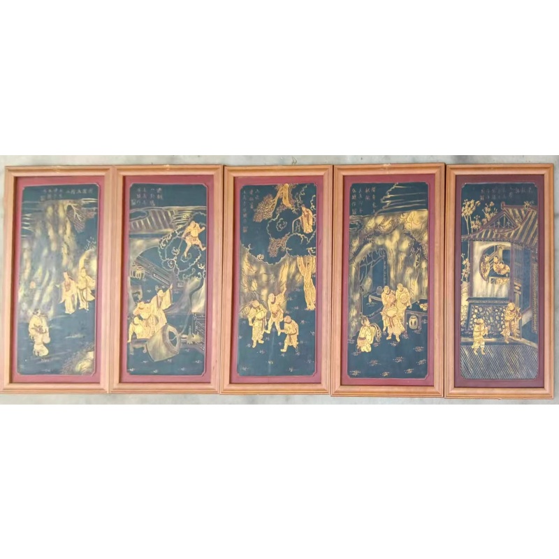 描金漆画 古代人物故事五联挂屏AB2562