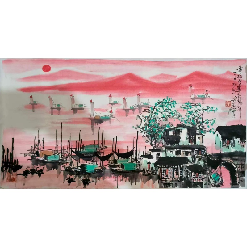 江南水乡红日山水国画解析AB01543