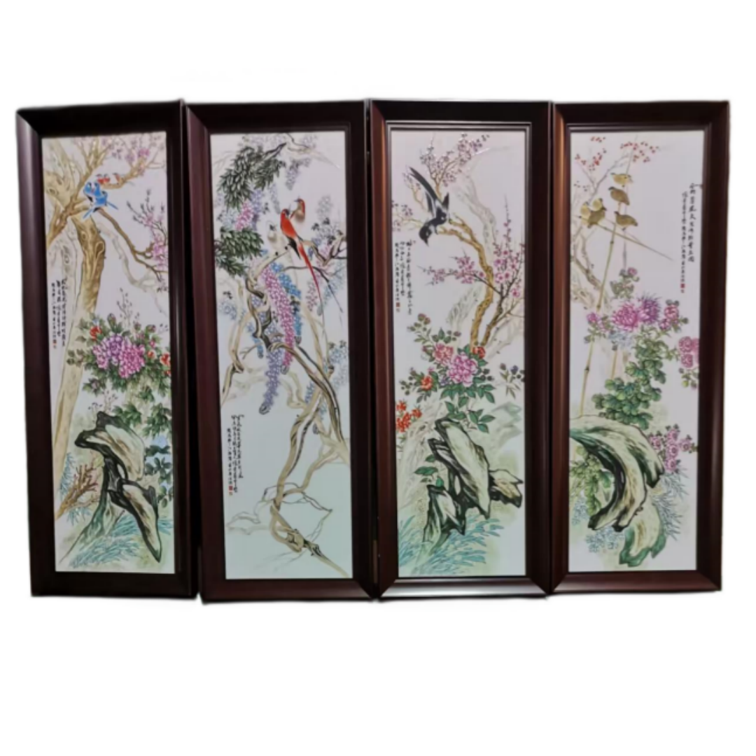 张景涛《四季花鸟》四条屏瓷板画AD2094