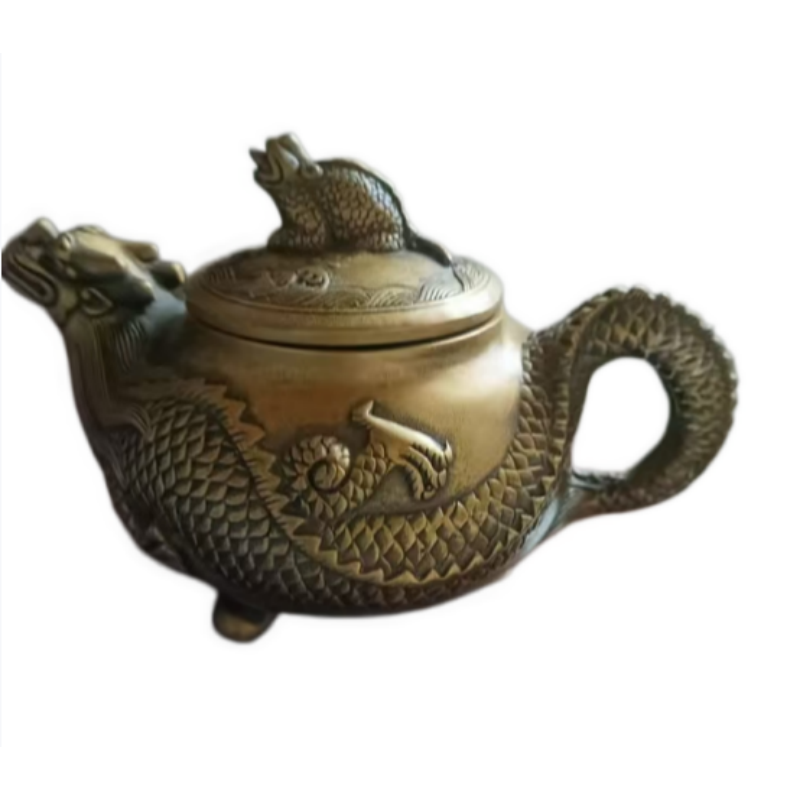 貔貅瑞兽缠枝纹黄铜提梁壶AB01714