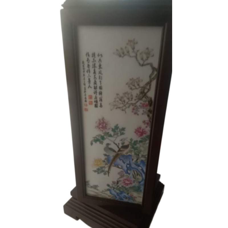 粉彩菊红木屏AB3608