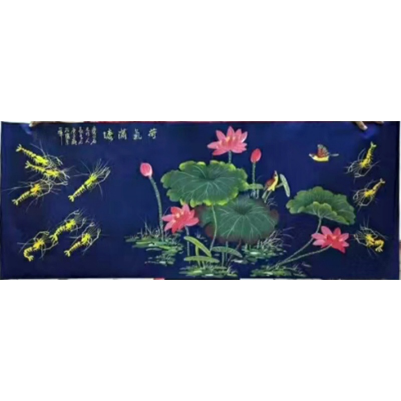 《荷气满堂》蓝底金虾荷花国画AB3676