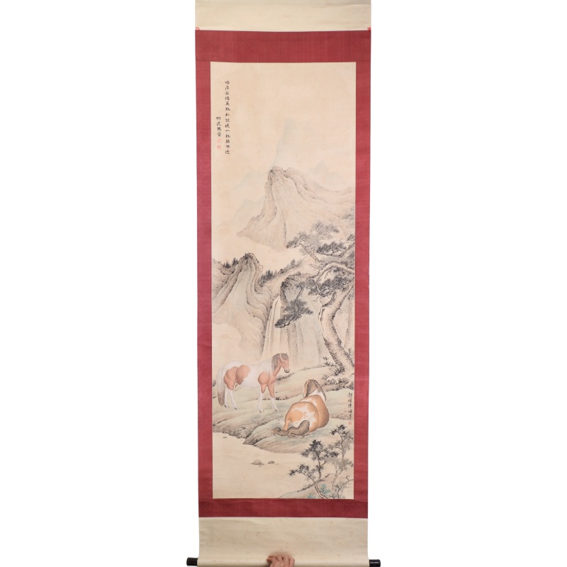 马晋工笔画山水双马立轴国画AE1579