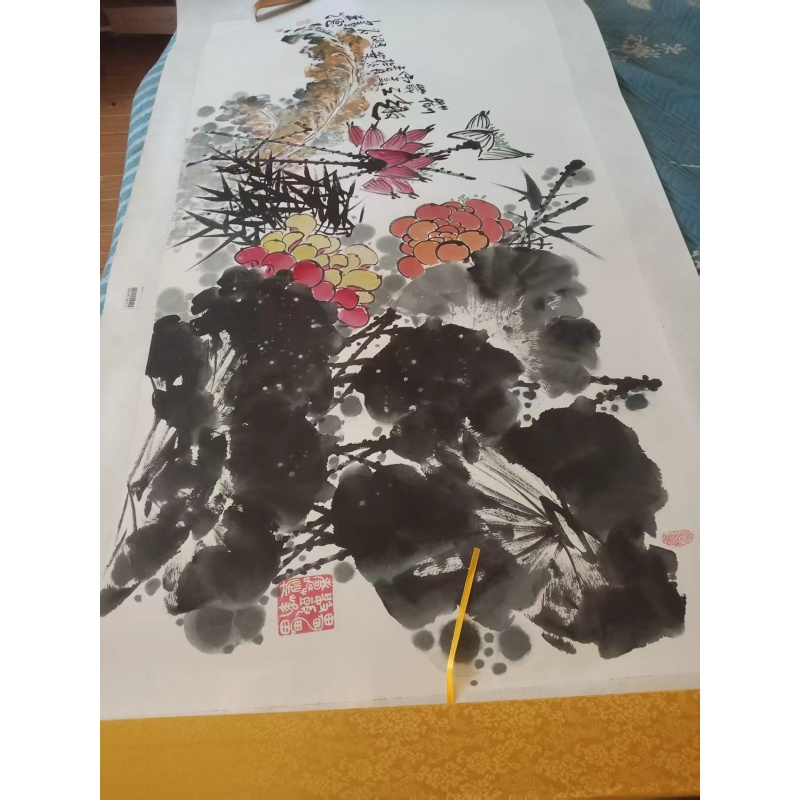 墨彩荷花翠鸟写意大中堂AB4079