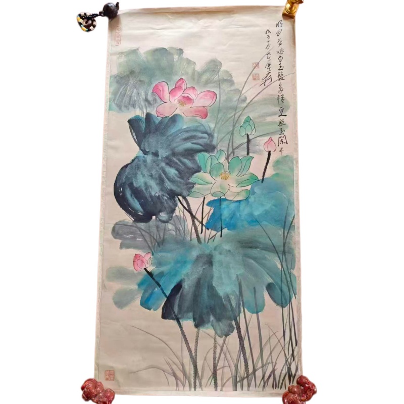 张大千  彩墨荷花国画AE1963