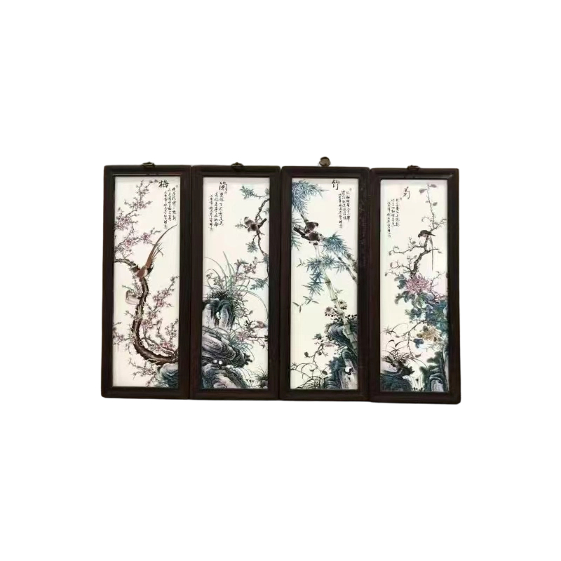 红木镶瓷板画梅兰竹菊四条挂屏AC1608