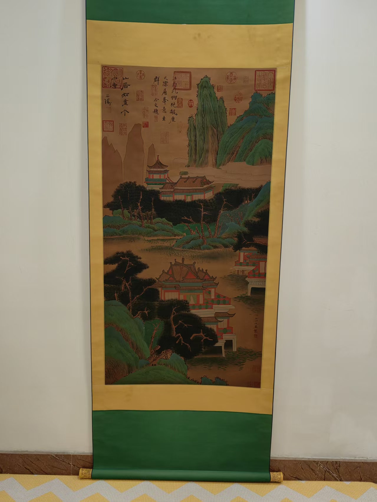 明 仇英山水画丝绢牙雕立轴AC6211