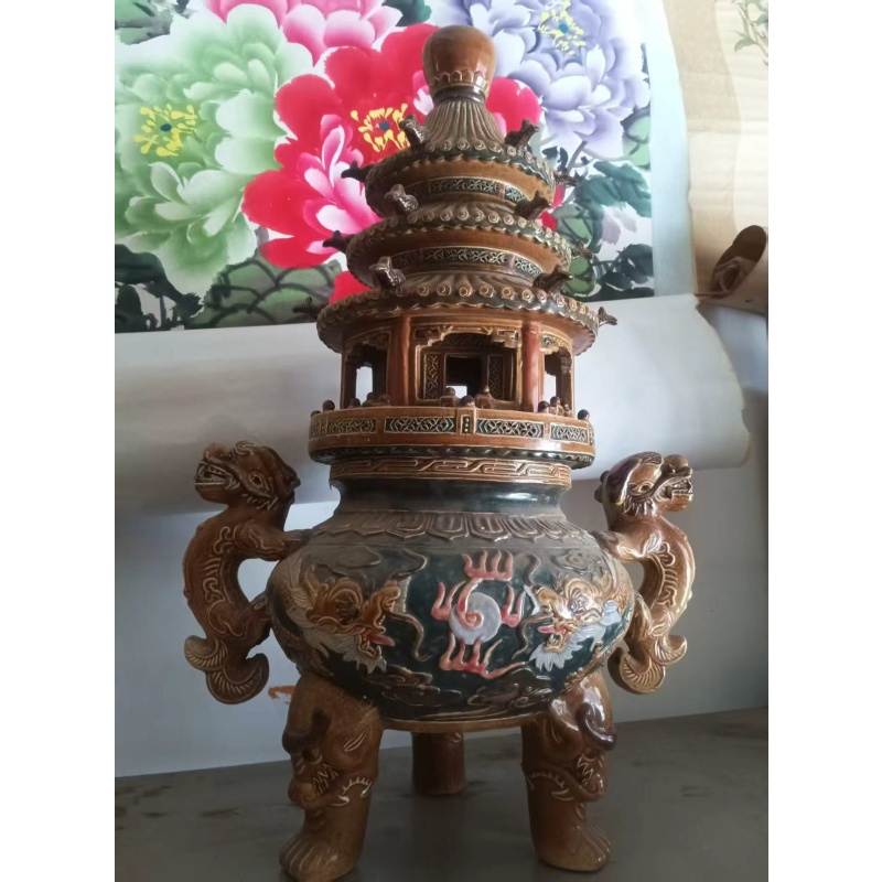 三层塔式双龙耳陶瓷熏炉AB4710