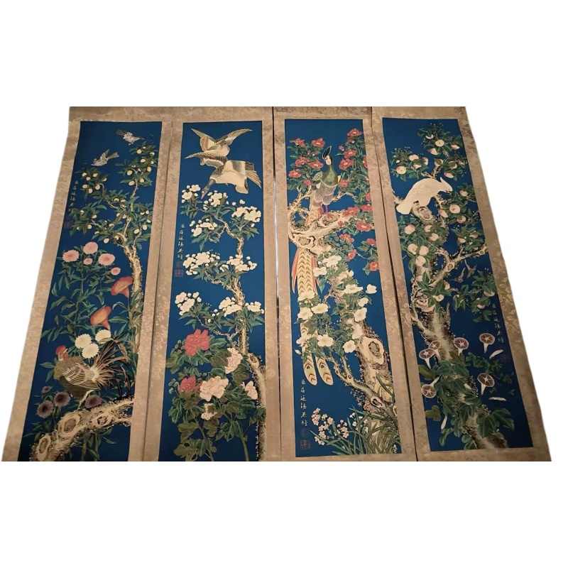 蓝地工笔四季珍禽花果四屏条AB4863