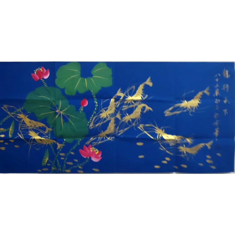 蓝底金彩荷塘群虾图AB4789