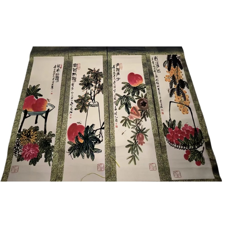 齐白石款寿桃绶带多寿四屏条AB4858