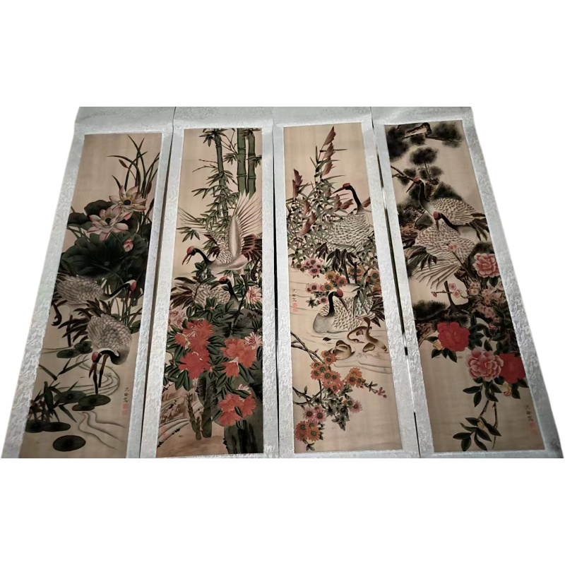 工笔松鹤延年四季花鸟四屏条AB4861