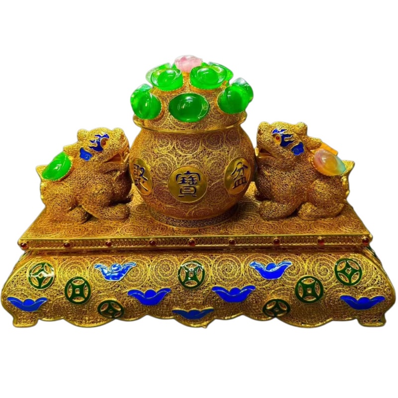 花丝鎏金双貔貅聚宝盆摆件AG1943