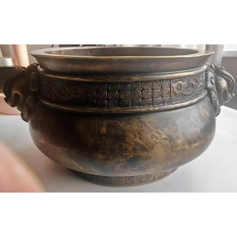 双兽耳回纹仿古铜簋式铜香炉AB5009