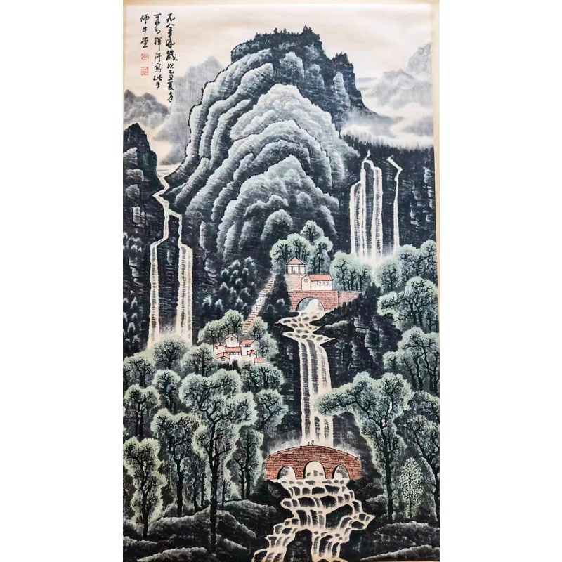 李可染款 深山飞瀑山居图AB5036