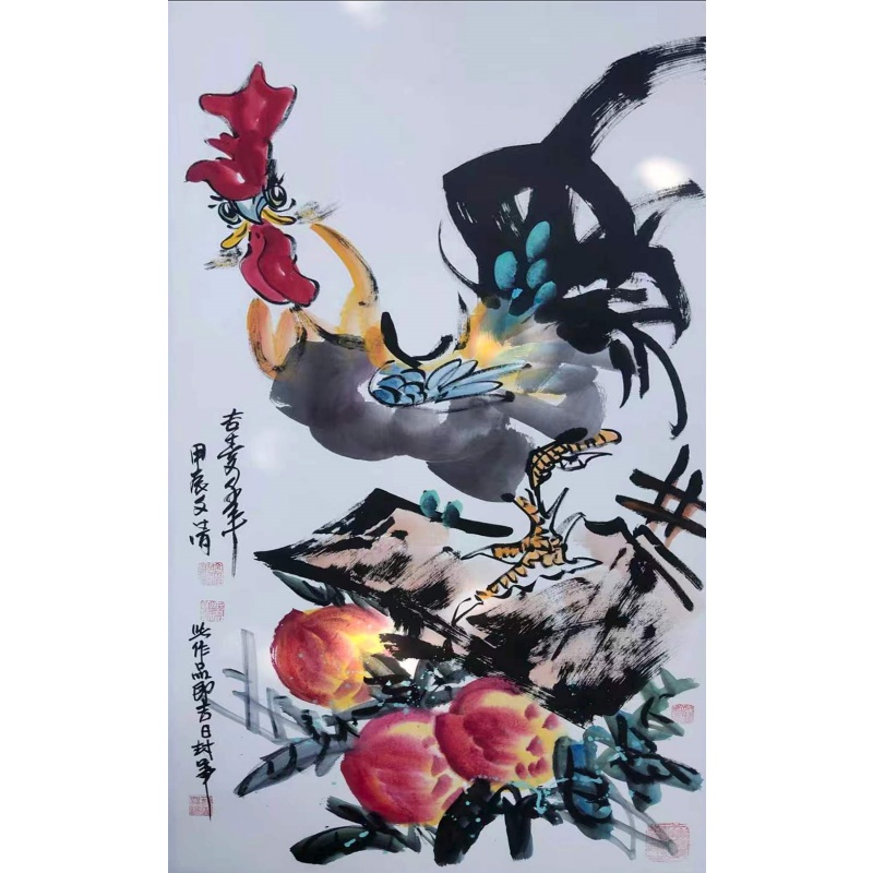雄鸡寿桃国画AB02041