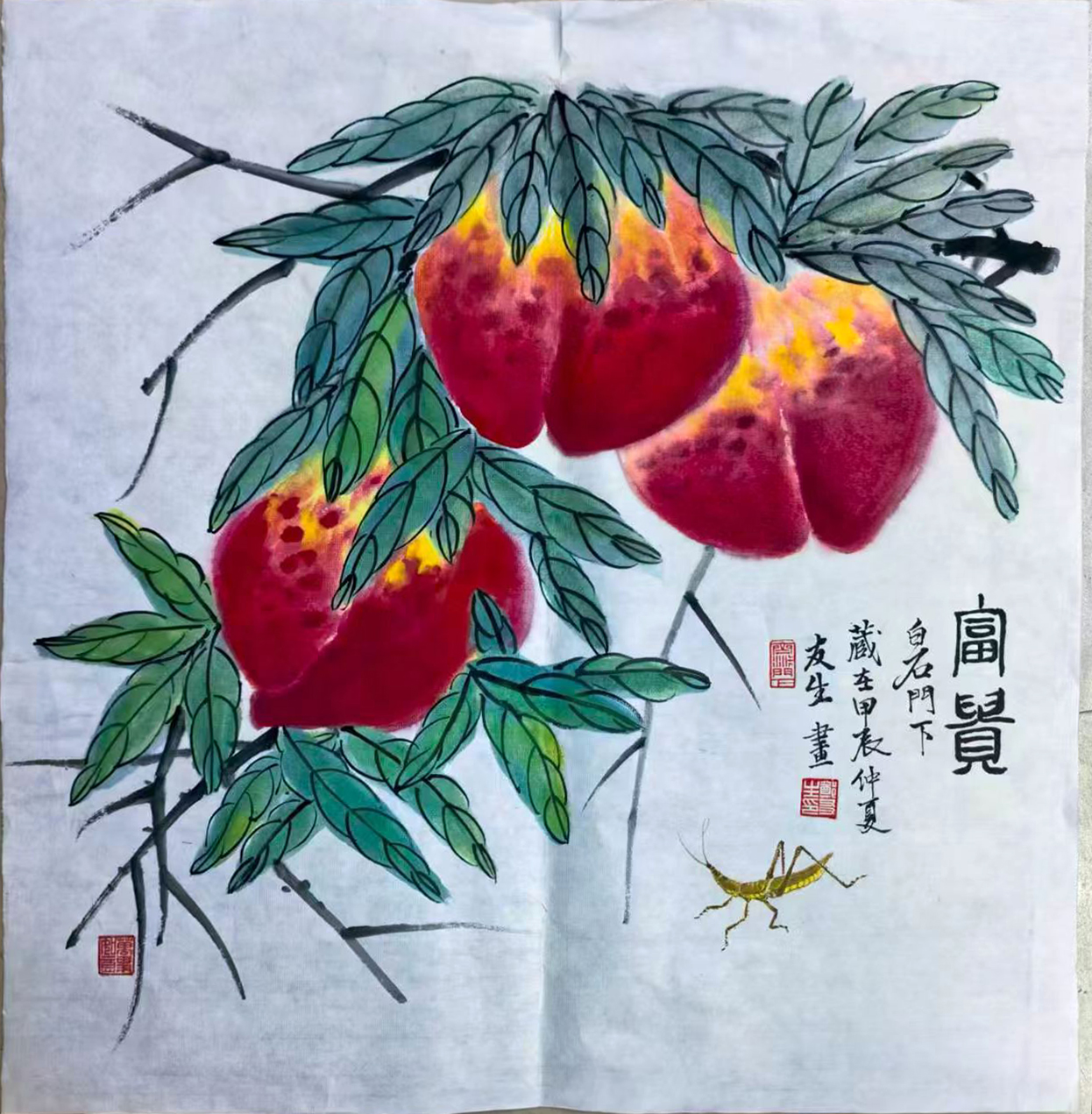 国画《富贵》寿桃蝈蝈斗方AB02060