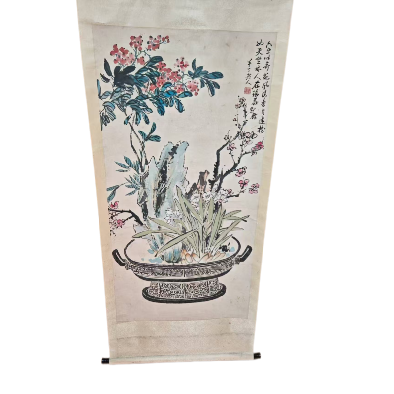 半丁老人款博古清供花卉立轴AC0806