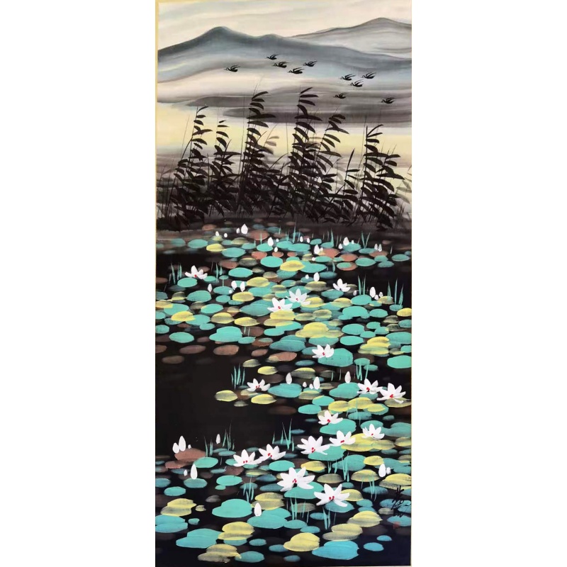 林风眠风景画芦雁过荷塘立轴AE2344