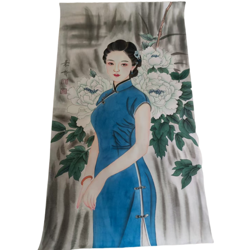 蓝旗袍牡丹仕女图AC6395
