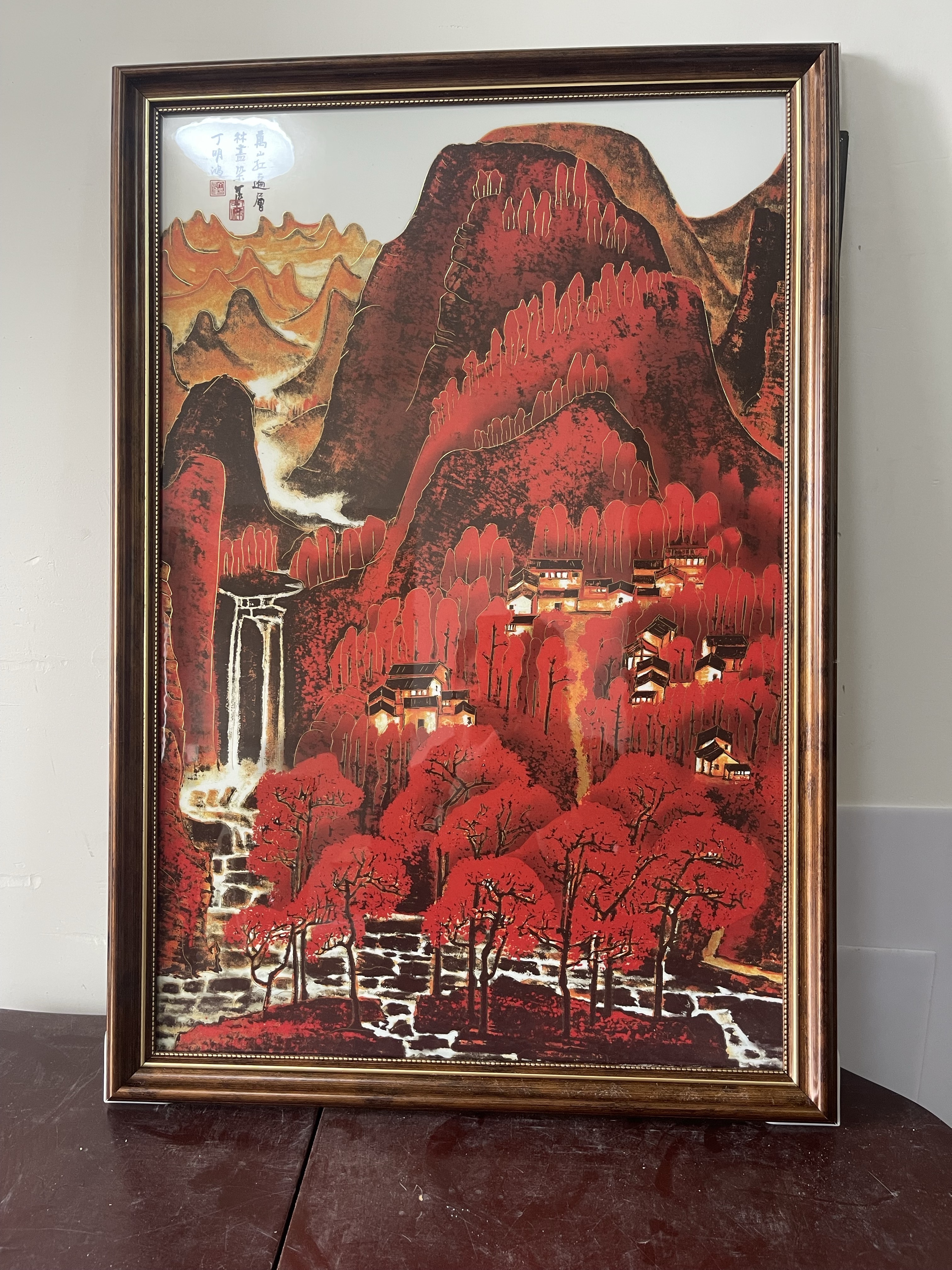 满山红叶山水镜框画