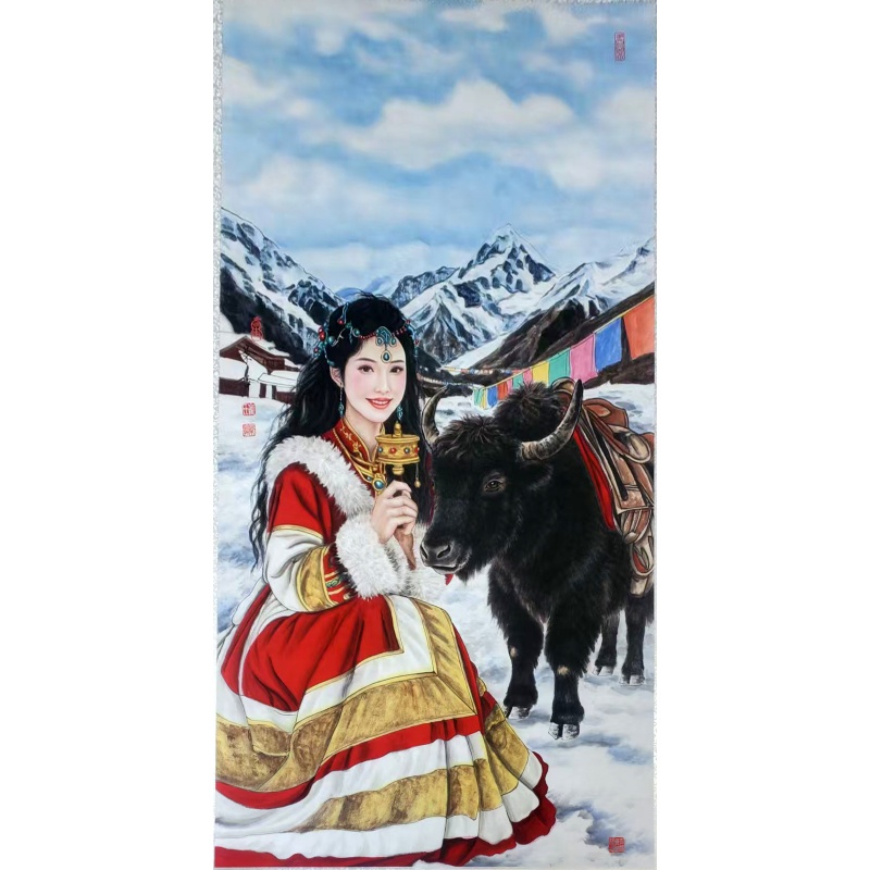 藏女牦牛工笔人物国画（立轴）AE2496