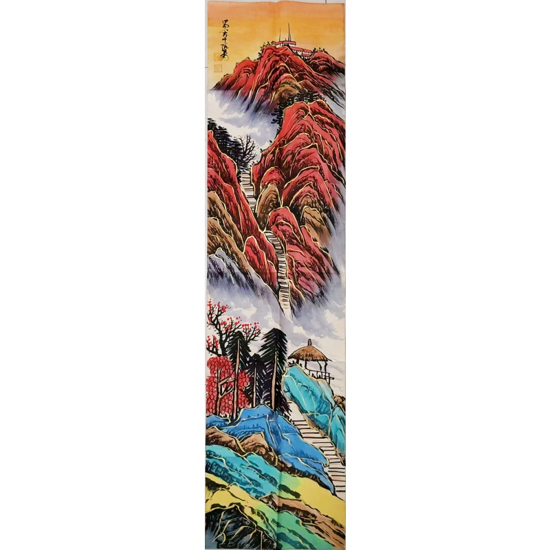 张大千款的金碧（描金）重彩山水长条画AB02229