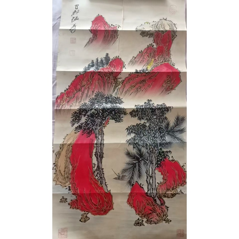 张大千描金红山水AB02231