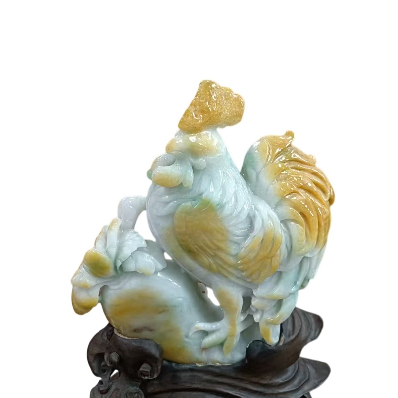 实木底座，黄加绿翡翠雄鸡摆件AE2751
