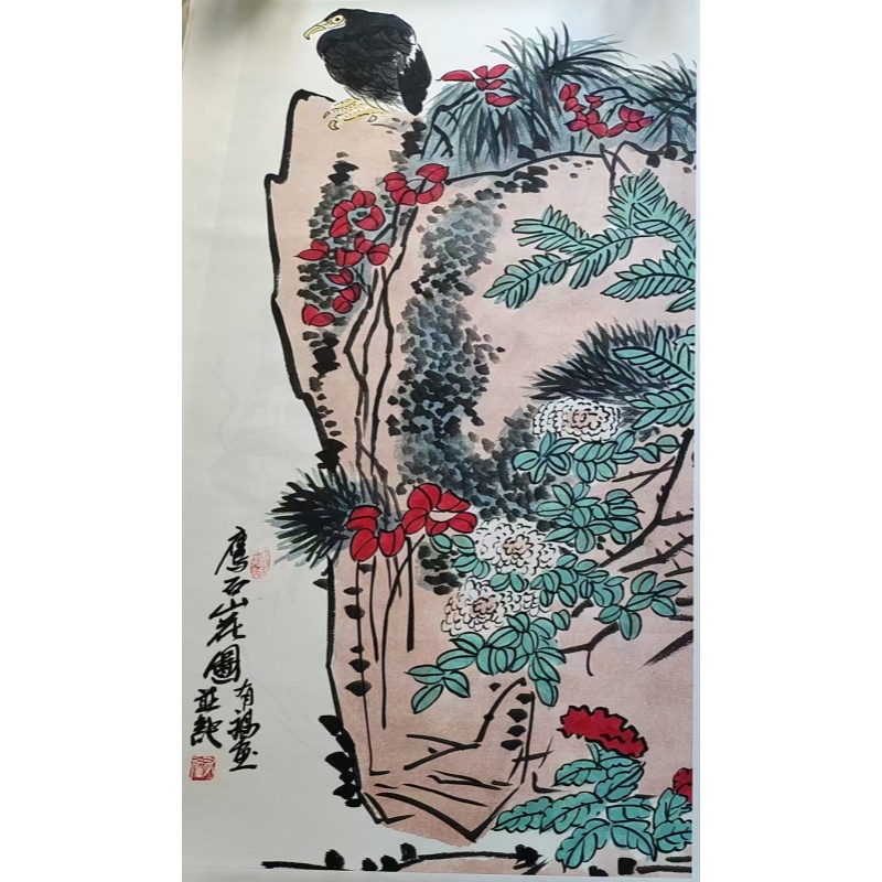 鹰石山花图花鸟立轴AB02300