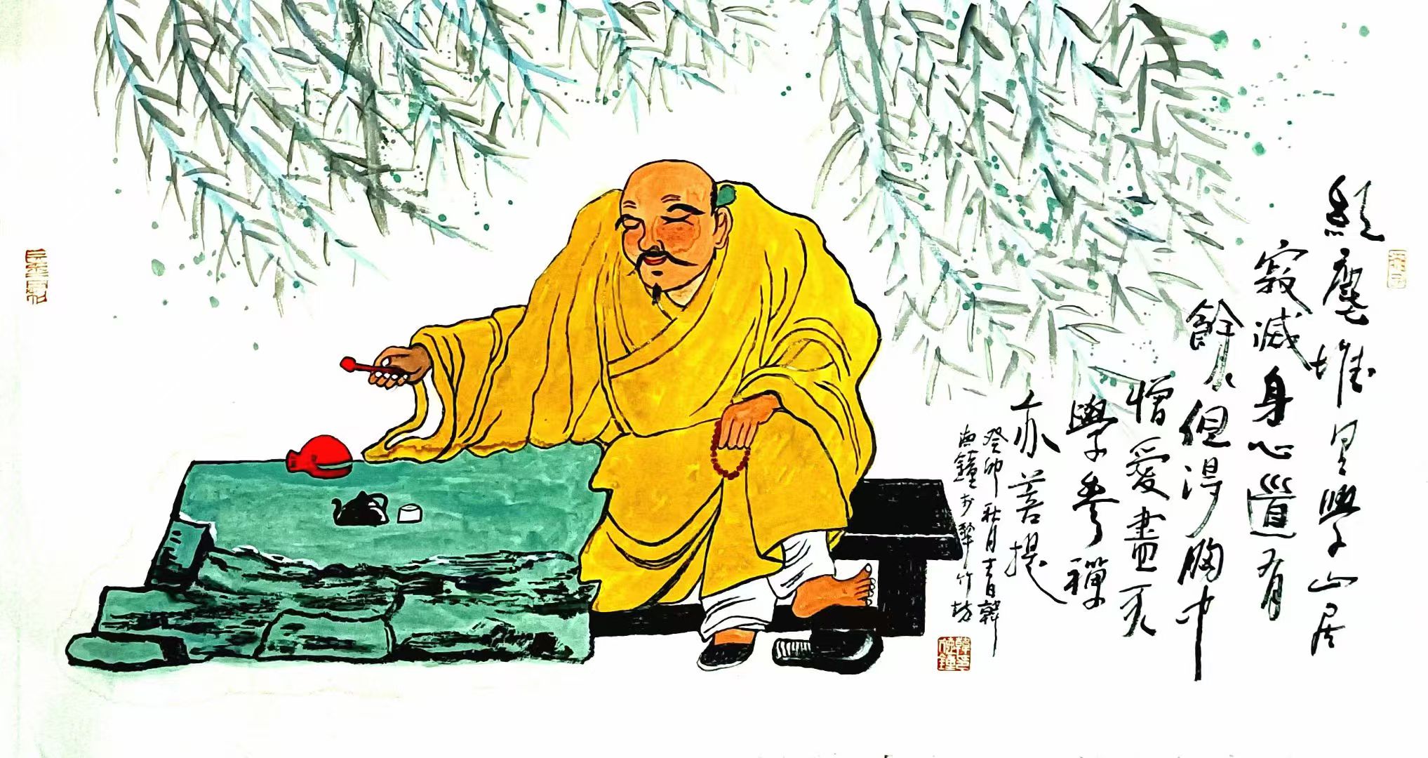 大写意吉祥哲理禅画横幅镜片《红尘堆里学山居》AC6628
