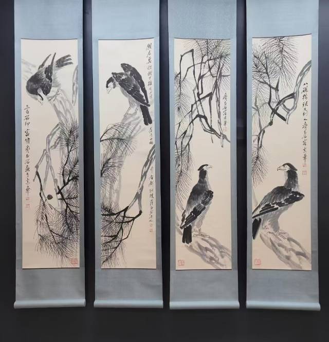 齐白真迹，四条屏松技鸟图