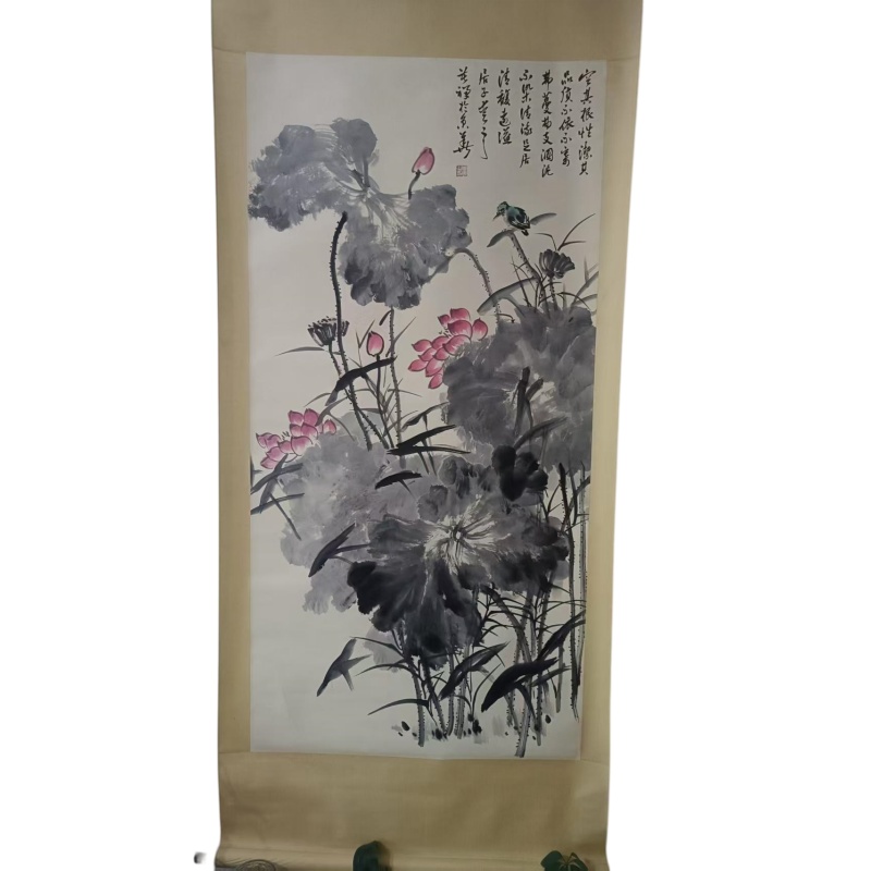 水墨彩荷翠鸟图立轴AB6377