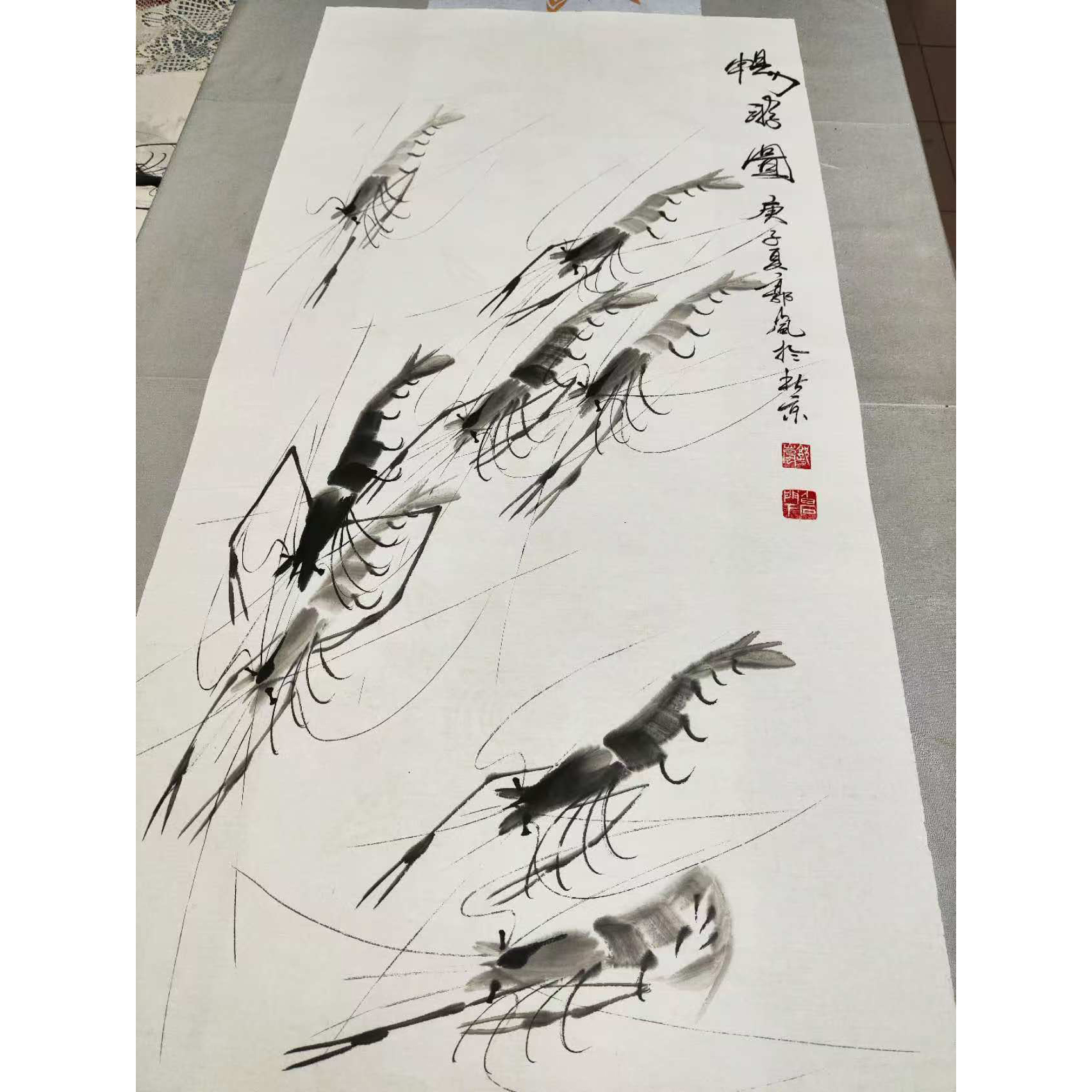 齐派画家郭岚作品，趣味虾畅游图四条屏AD7912