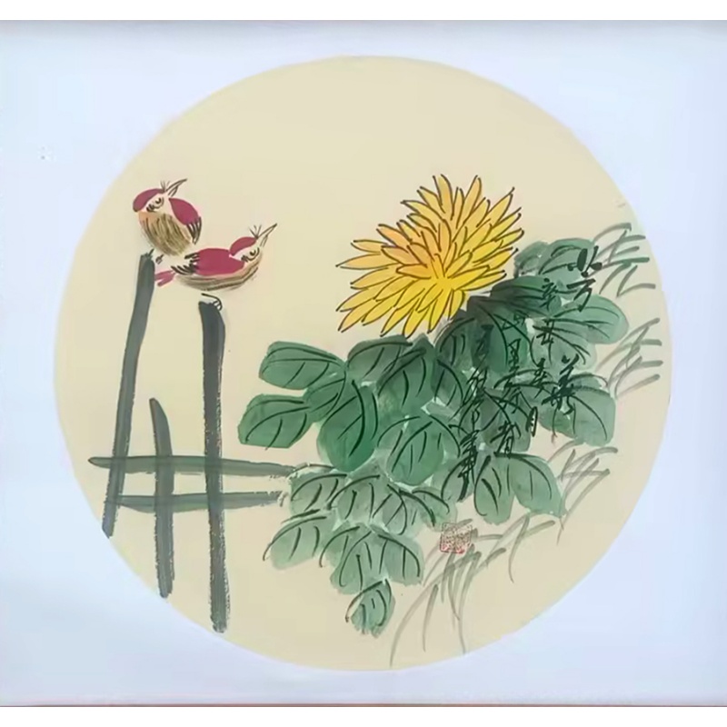菊花双雀扇国画AG2782